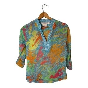 Gretchen Scott XXS Tropical Coral Print Tunic Blouse Multicolor Lightweight